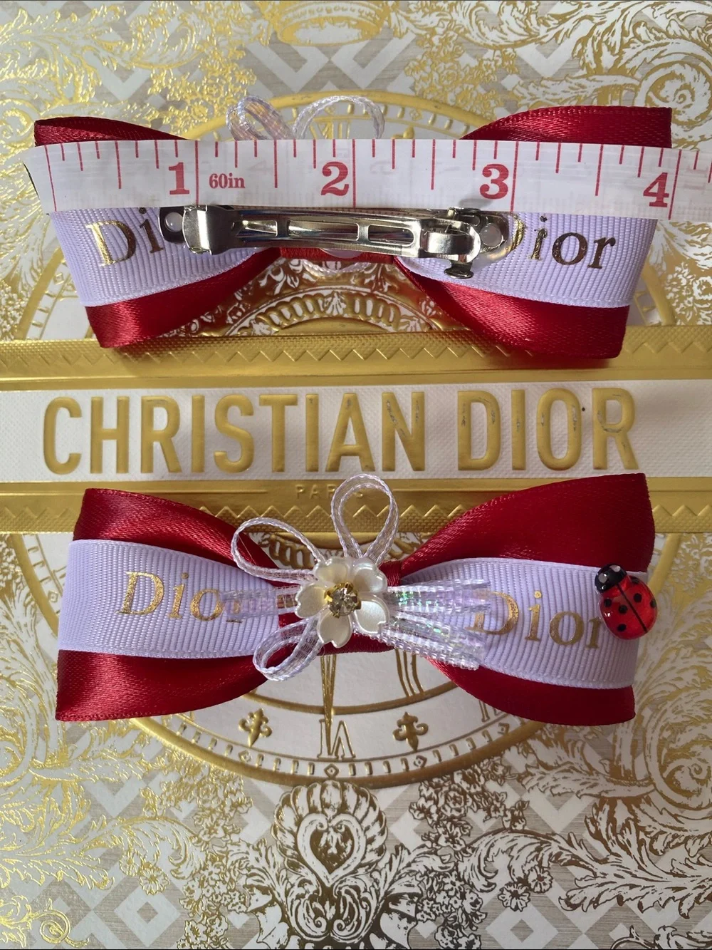 Hand made Kids Dior Red and White Ribbon Hair Bows with Gold Logo